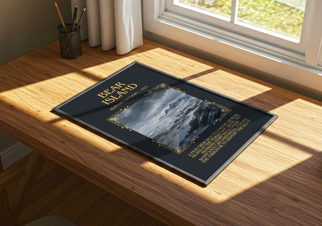Bear Island Minimalist Book Poster by Alistair MacLean – print on a sunlit desk