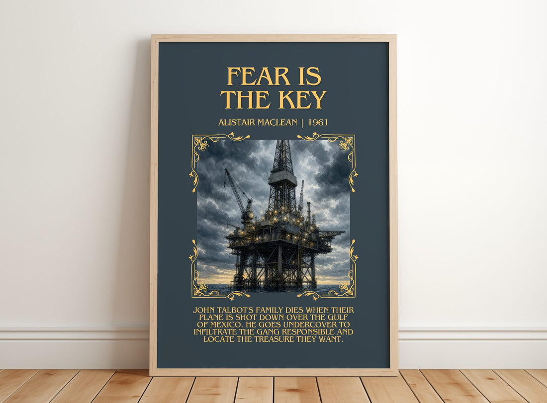 Fear Is the Key Minimalist Book Poster by Alistair MacLean – framed print leaning on a wooden floor