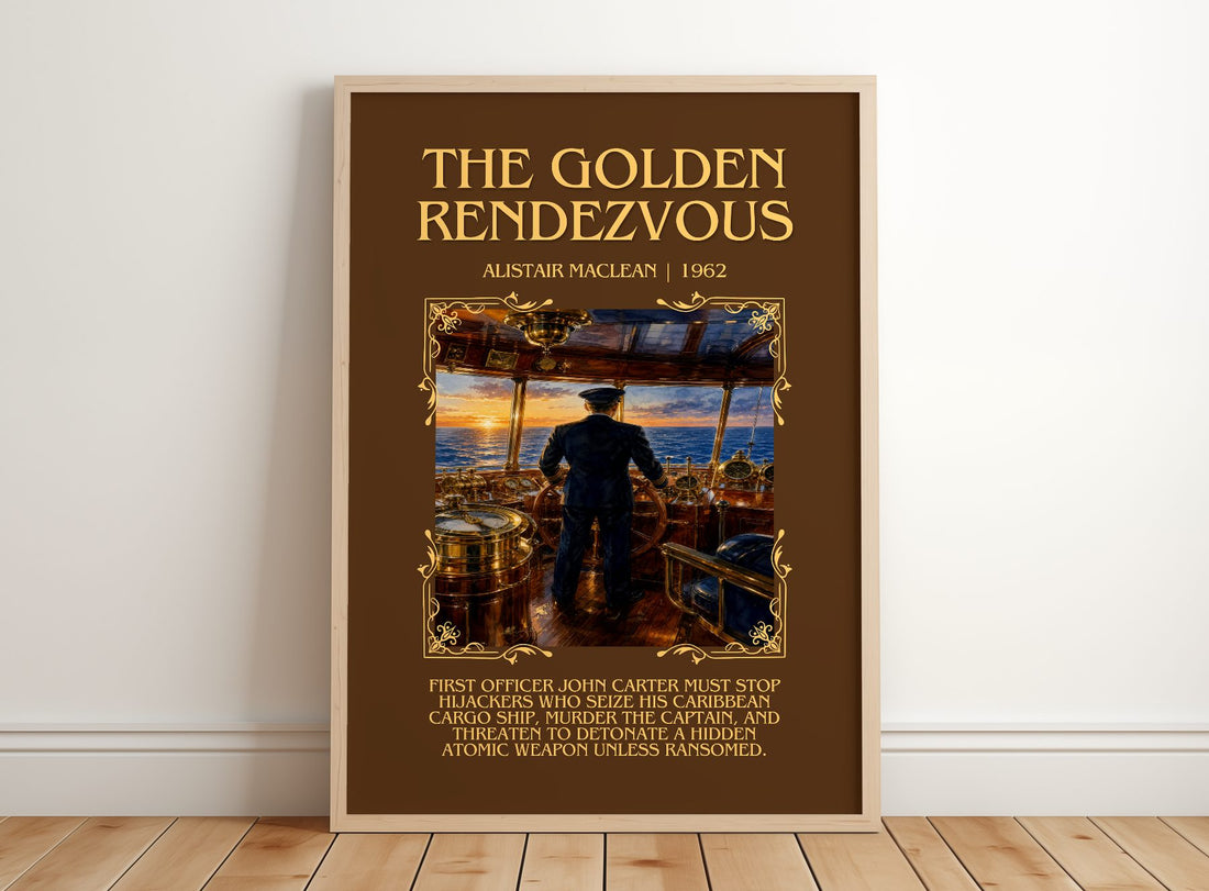 The Golden Rendezvous Minimalist Book Poster by Alistair MacLean – framed print leaning on a wooden floor