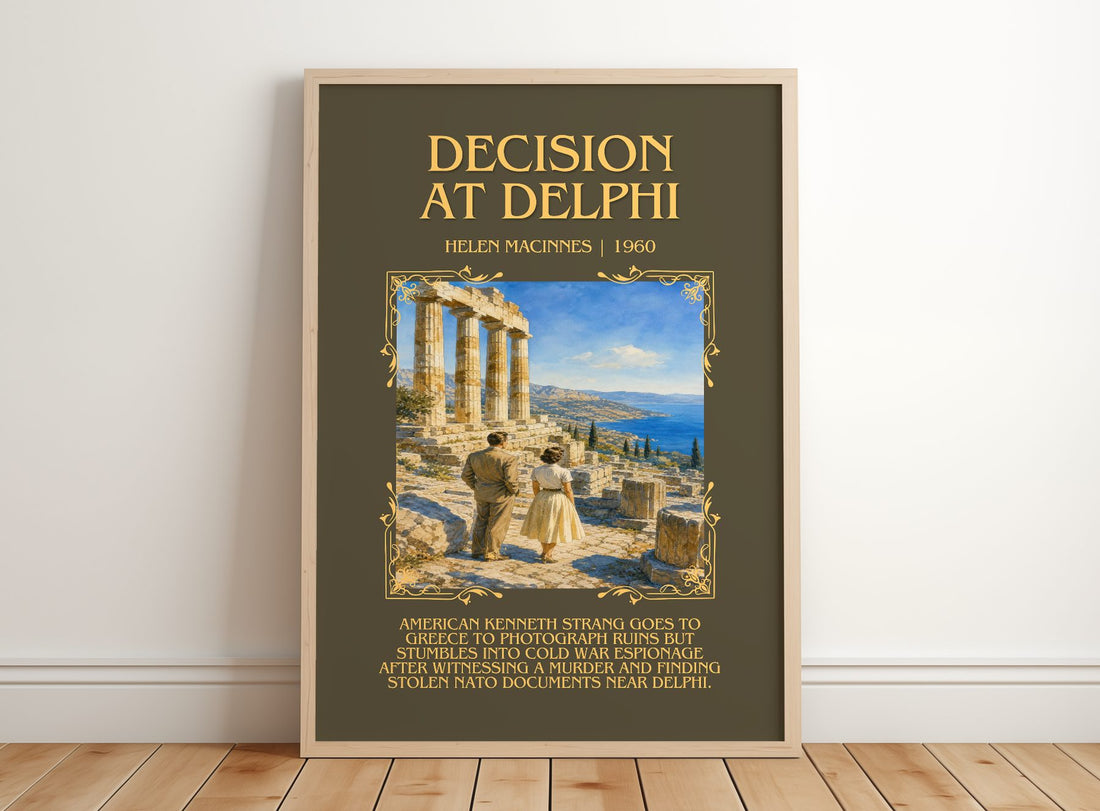 Decision at Delphi Minimalist Book Poster by Helen MacInnes – framed print leaning on a wooden floor