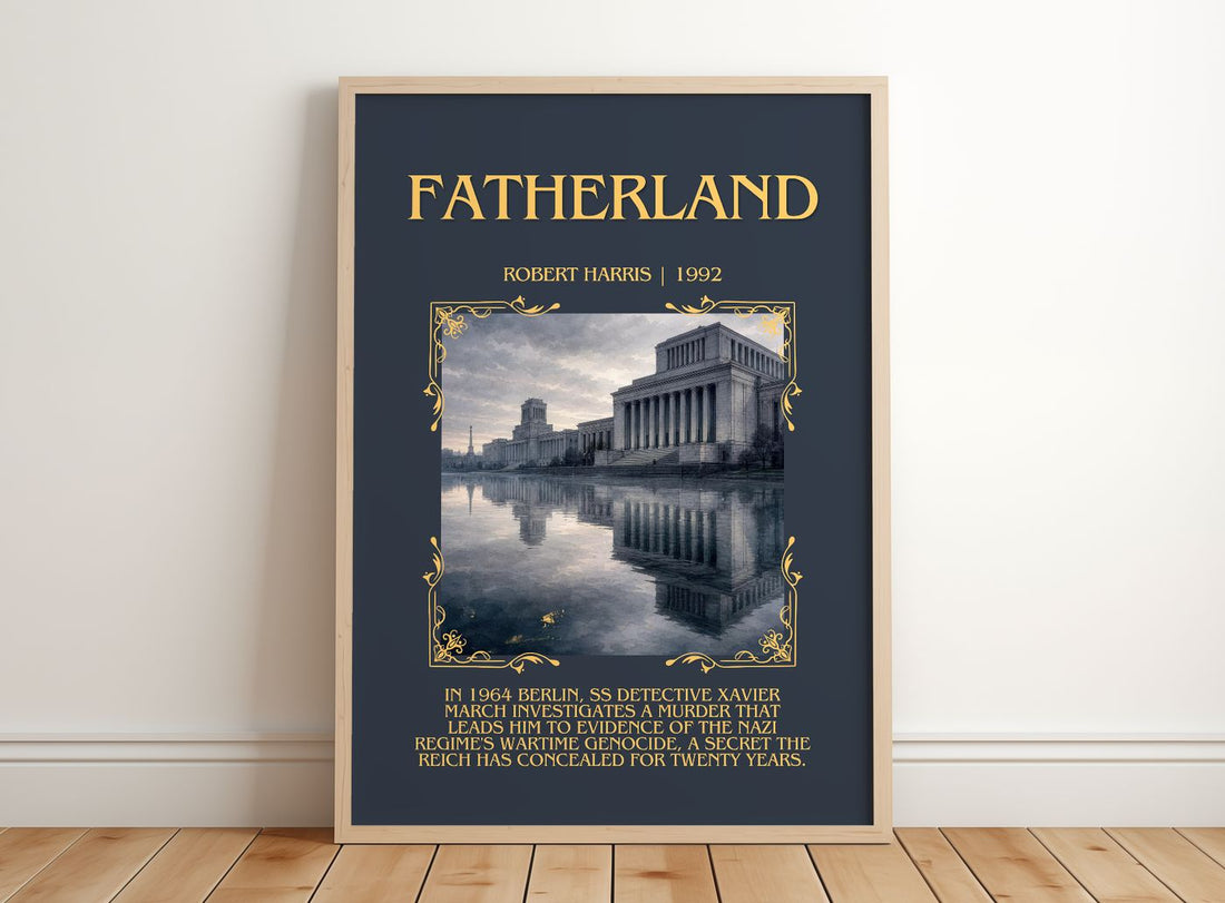 Fatherland Minimalist Book Poster by Robert Harris – framed print leaning on a wooden floor