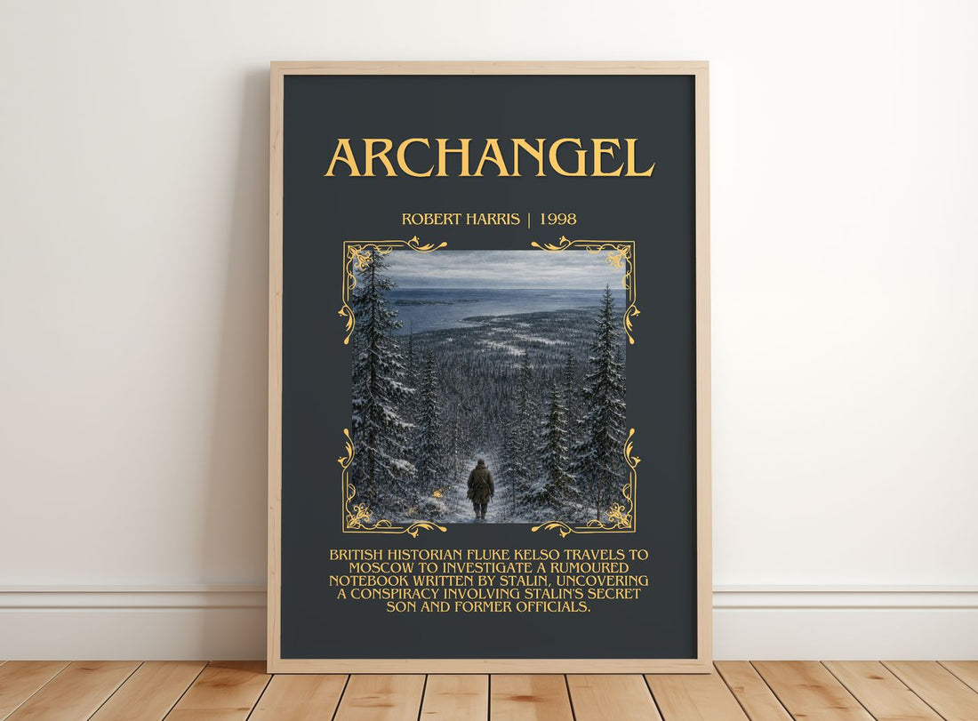 Archangel Minimalist Book Poster by Robert Harris – framed print leaning on a wooden floor