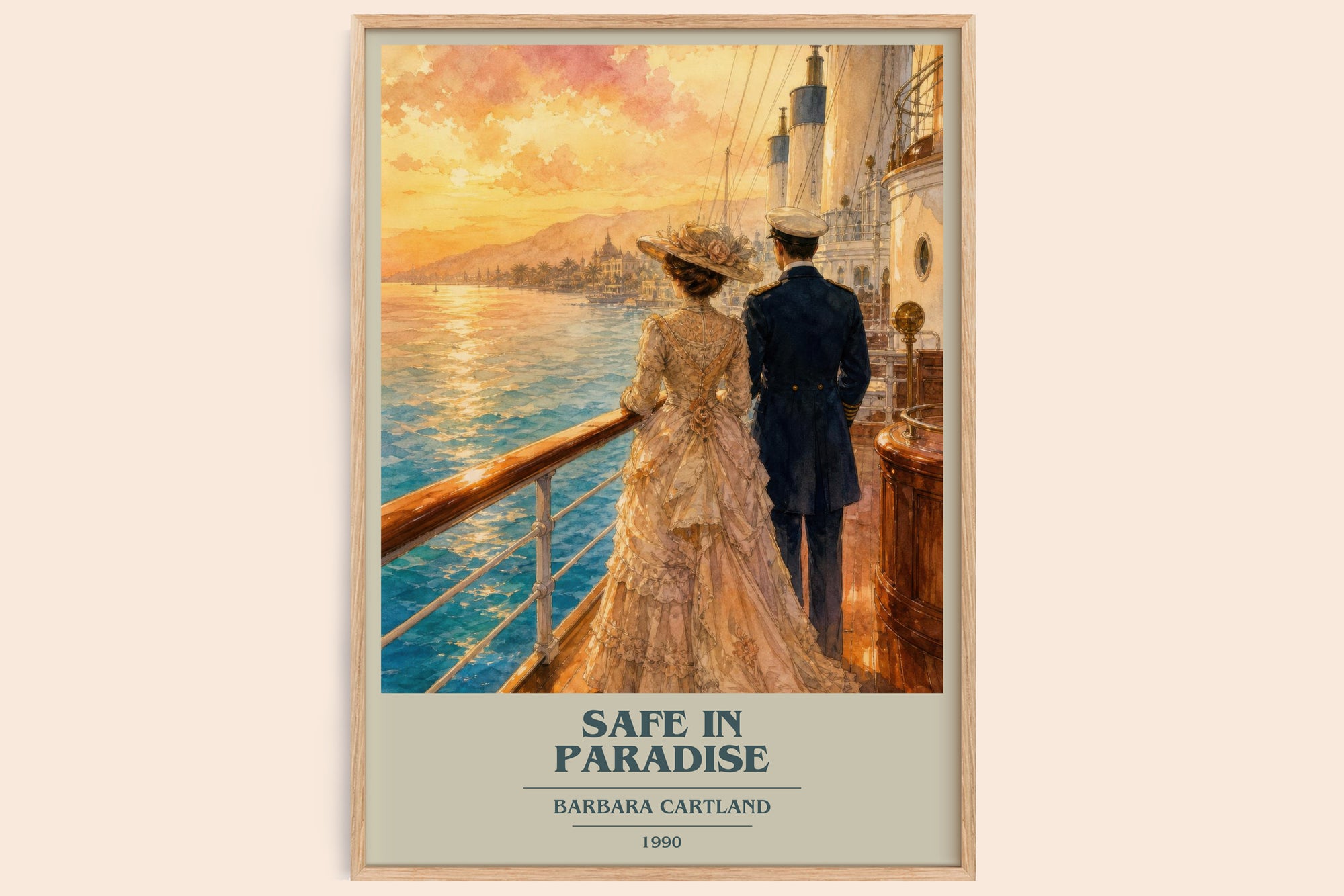 Safe In Paradise book cover book poster by Barbara Cartland – framed literary art print