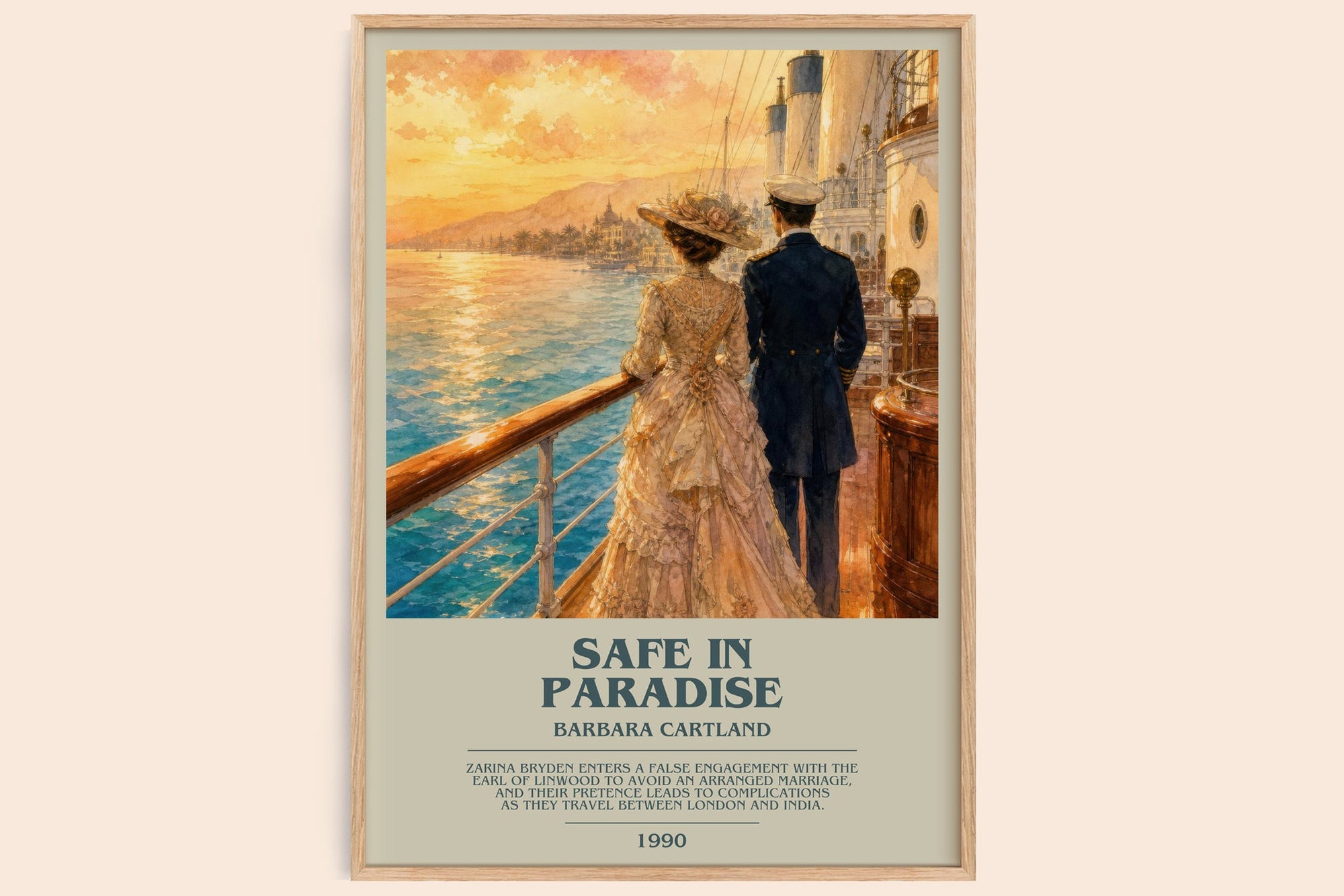 Safe In Paradise bookish book poster by Barbara Cartland – framed literary art print