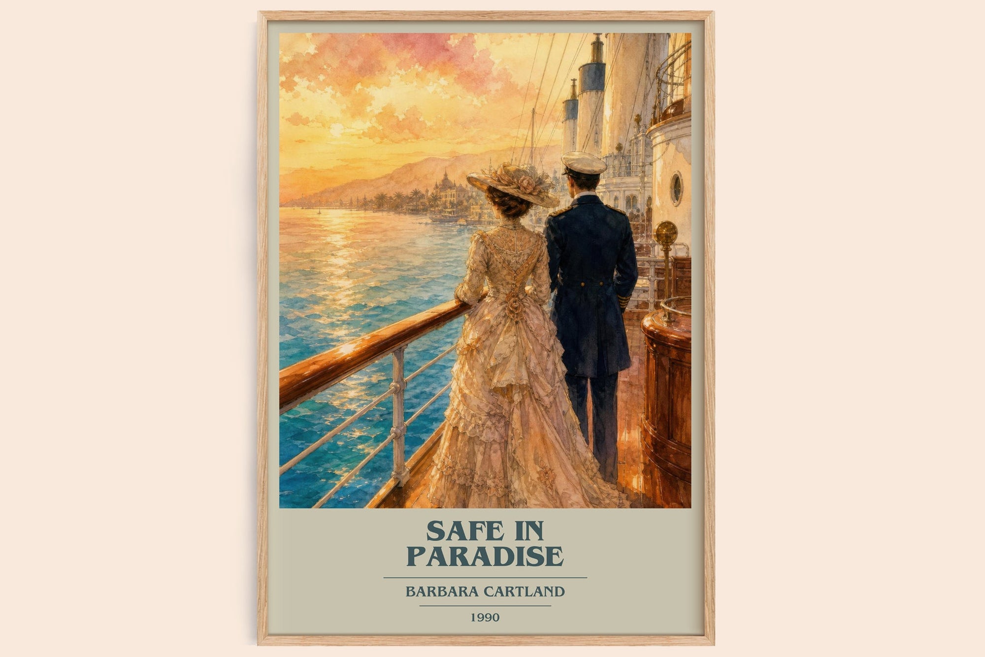 Safe In Paradise book cover book poster by Barbara Cartland – framed literary art print