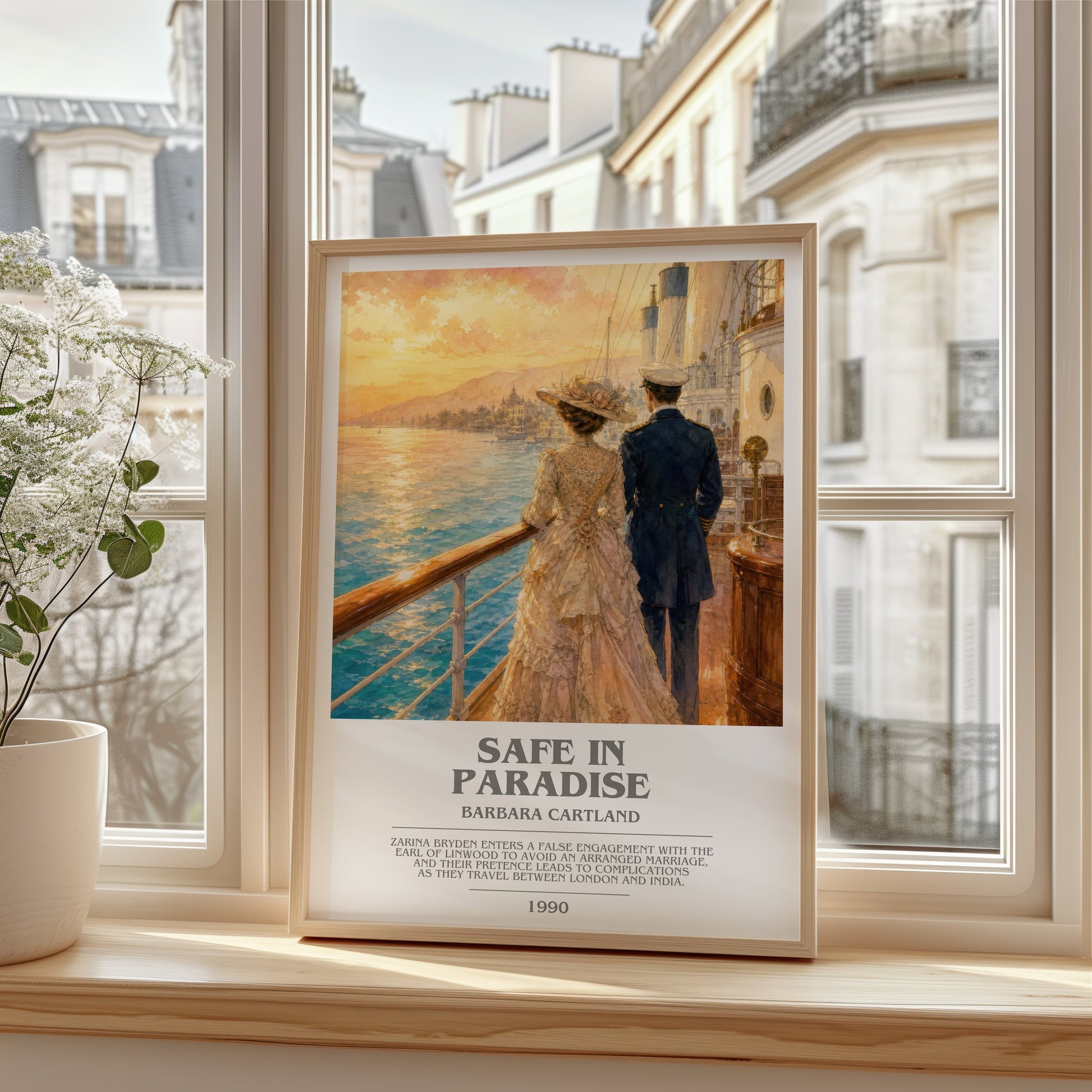 Safe In Paradise bookish poster colour and style options – Barbara Cartland book art