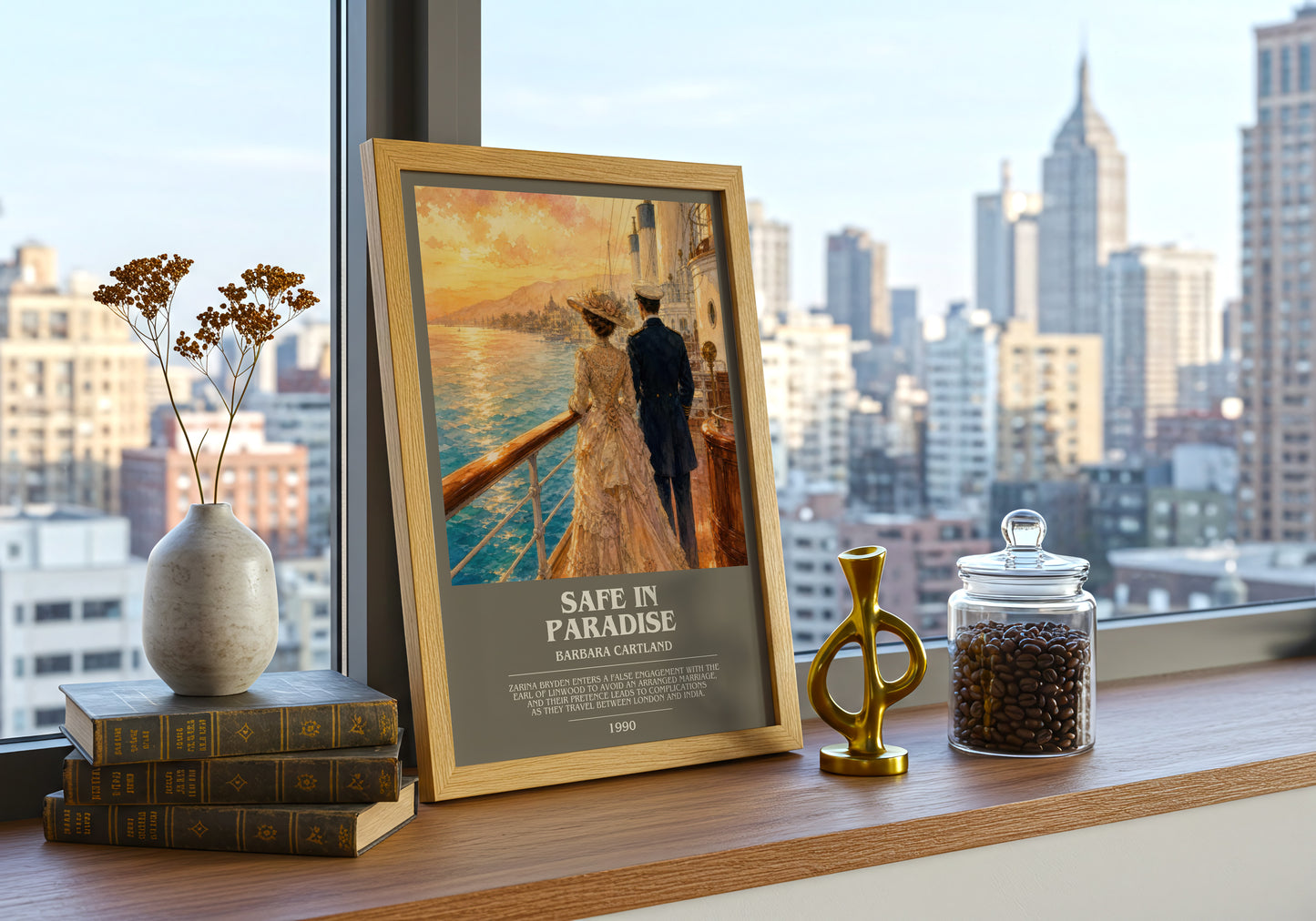 Safe In Paradise bookish print framed by window – literary home decor