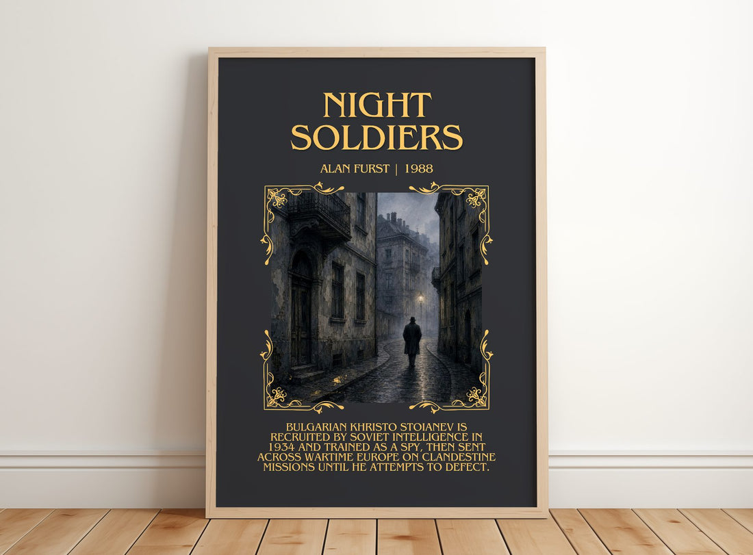 Night Soldiers Minimalist Book Poster by Alan Furst – framed print leaning on a wooden floor