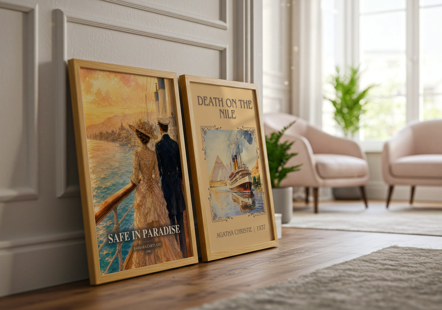 Safe In Paradise watercolour print framed by window – literary home decor