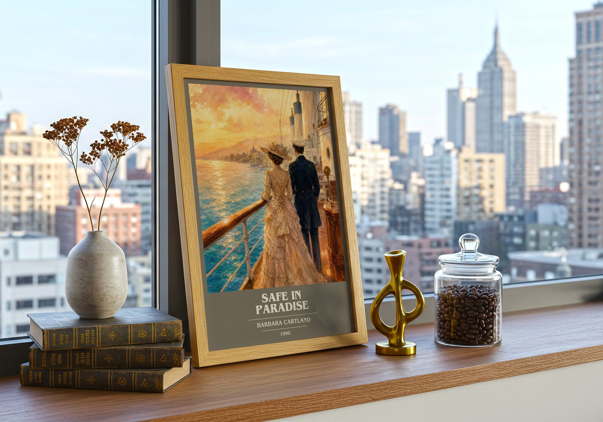 Safe In Paradise book cover print framed by window – literary home decor