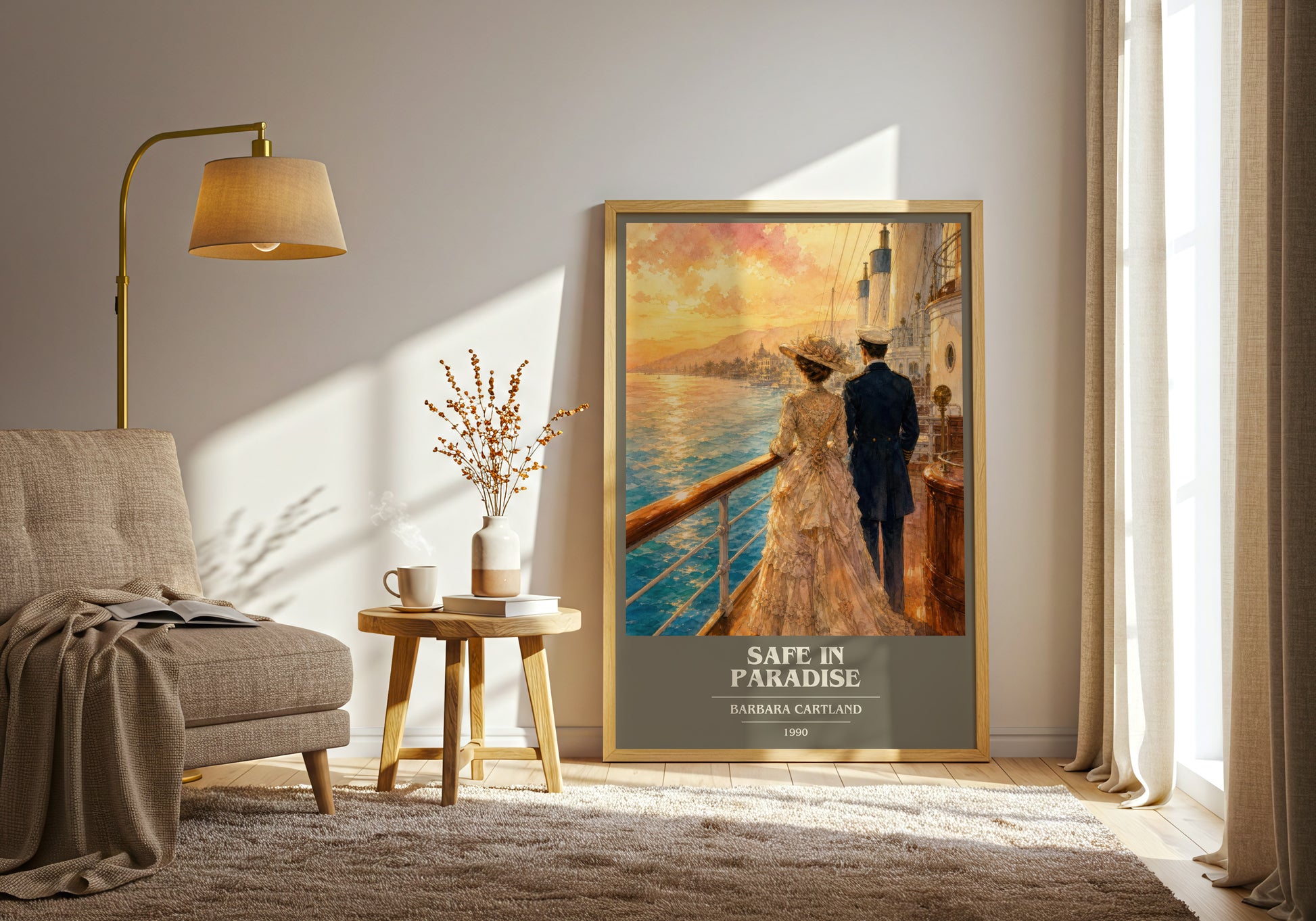 Safe In Paradise book cover print on bookshelf – Barbara Cartland fan gift