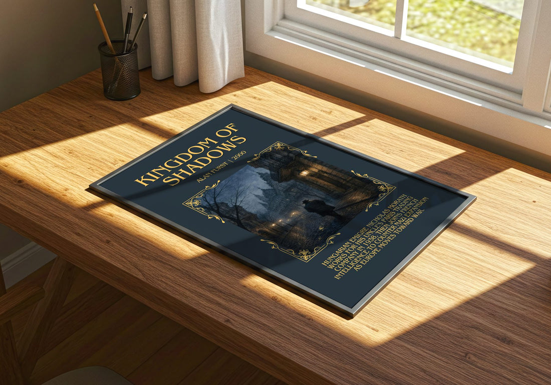 Kingdom of Shadows Minimalist Book Poster by Alan Furst – print on a sunlit desk