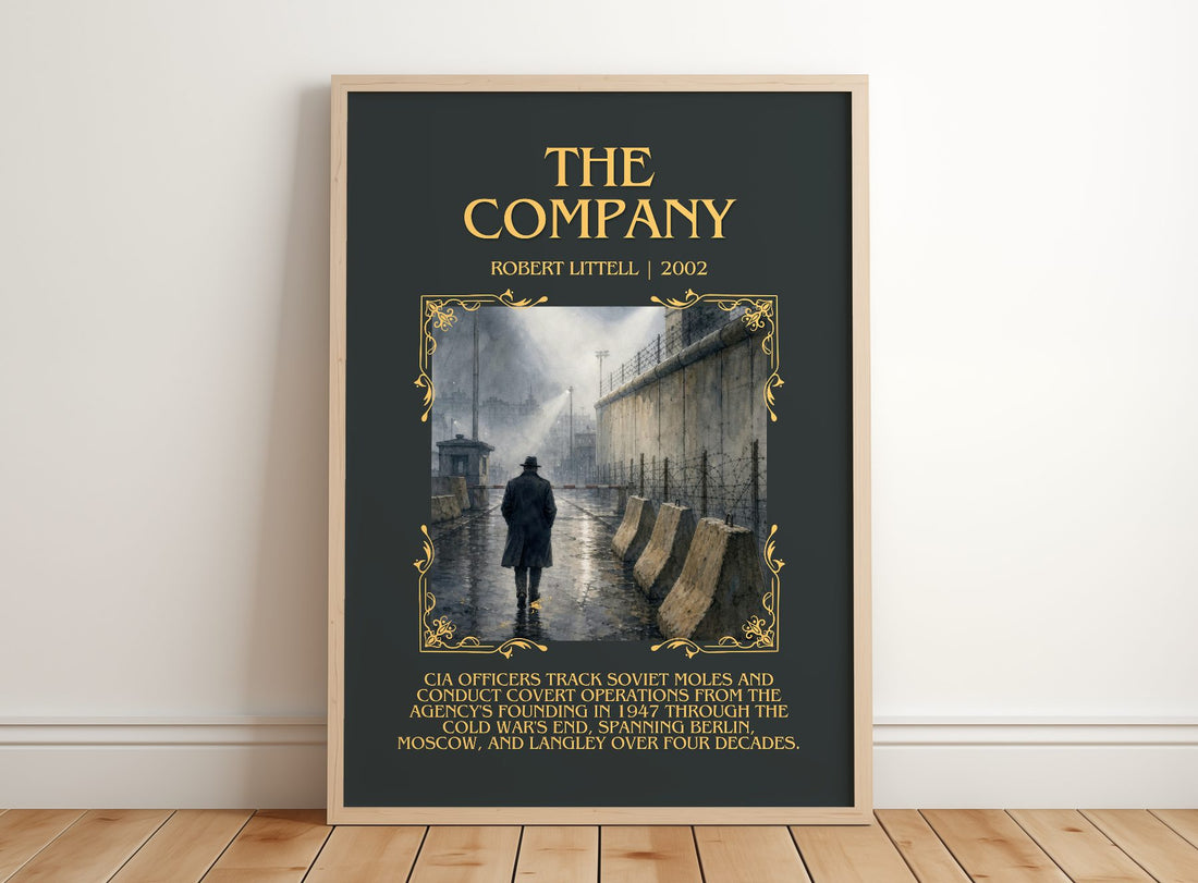 The Company Minimalist Book Poster by Robert Littell – framed print leaning on a wooden floor