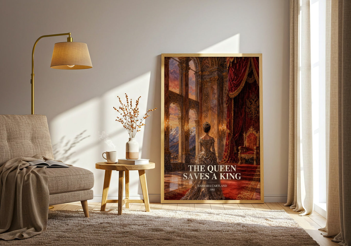The Queen Saves A King watercolour print in frame leaning in hallway – romance wall art