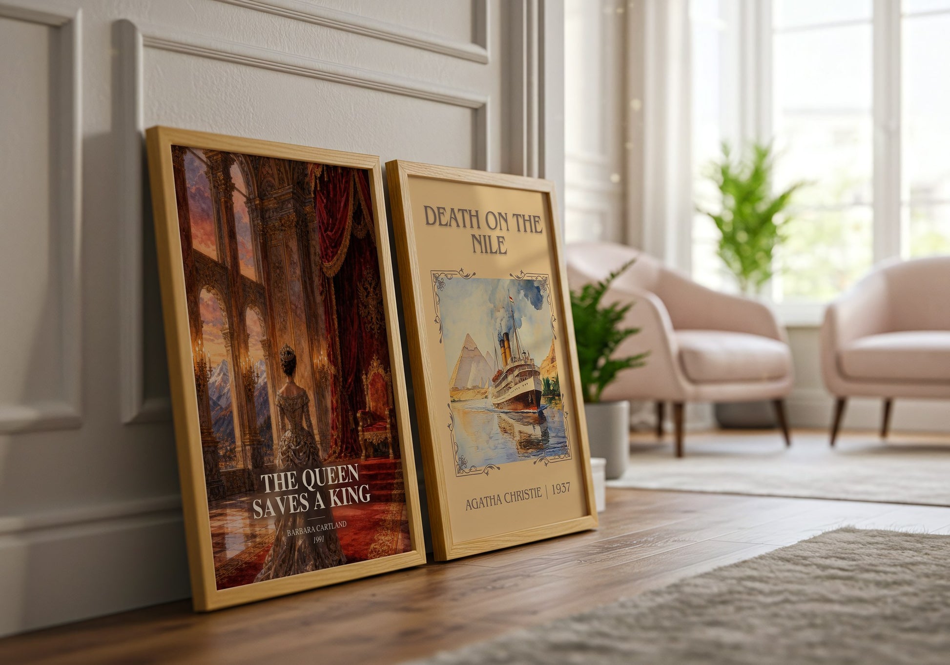 The Queen Saves A King watercolour print framed by window – literary home decor