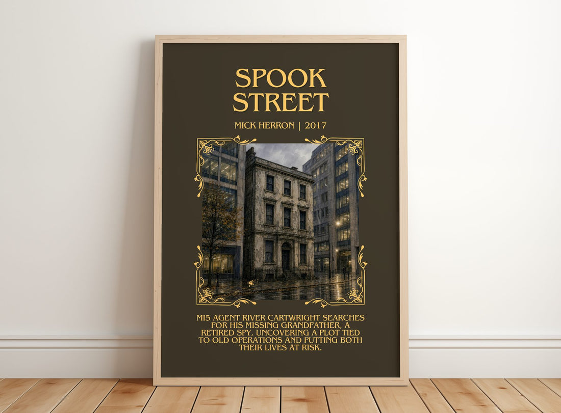 Spook Street Minimalist Book Poster by Mick Herron – framed print leaning on a wooden floor