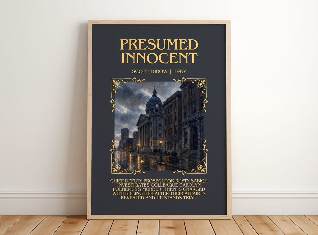 Presumed Innocent Minimalist Book Poster by Scott Turow – framed print leaning on a wooden floor