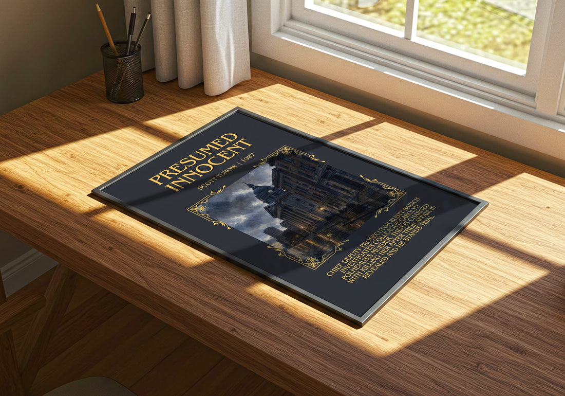 Presumed Innocent Minimalist Book Poster by Scott Turow – print on a sunlit desk