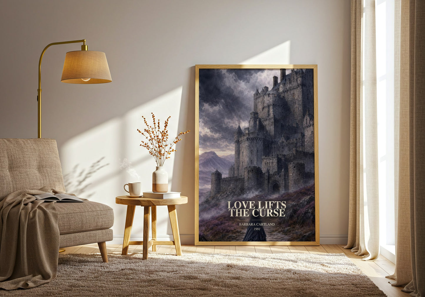 Love Lifts The Curse watercolour print in frame leaning in hallway – romance wall art