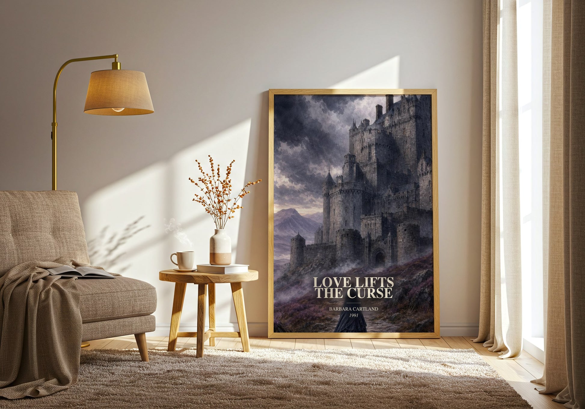 Love Lifts The Curse watercolour print in frame leaning in hallway – romance wall art