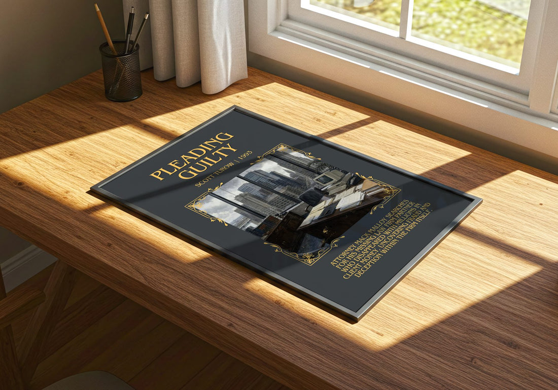 Pleading Guilty Minimalist Book Poster by Scott Turow – print on a sunlit desk
