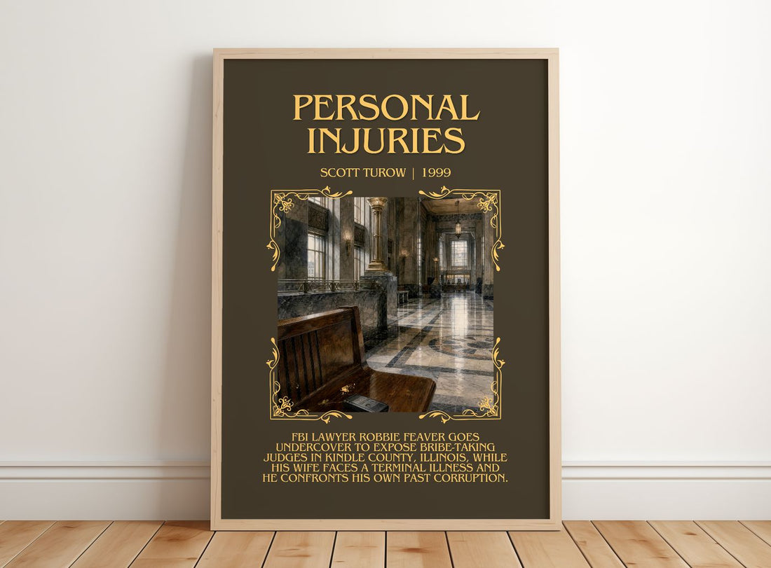 Personal Injuries Minimalist Book Poster by Scott Turow – framed print leaning on a wooden floor