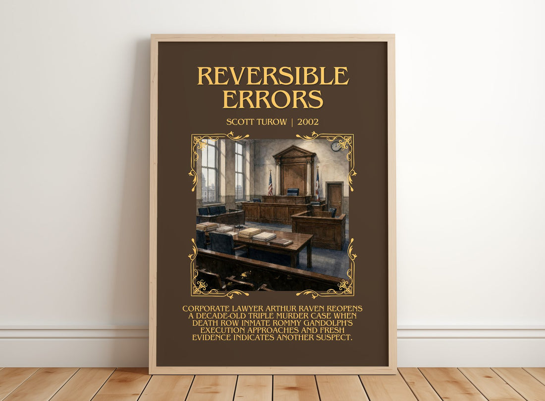 Reversible Errors Minimalist Book Poster by Scott Turow – framed print leaning on a wooden floor