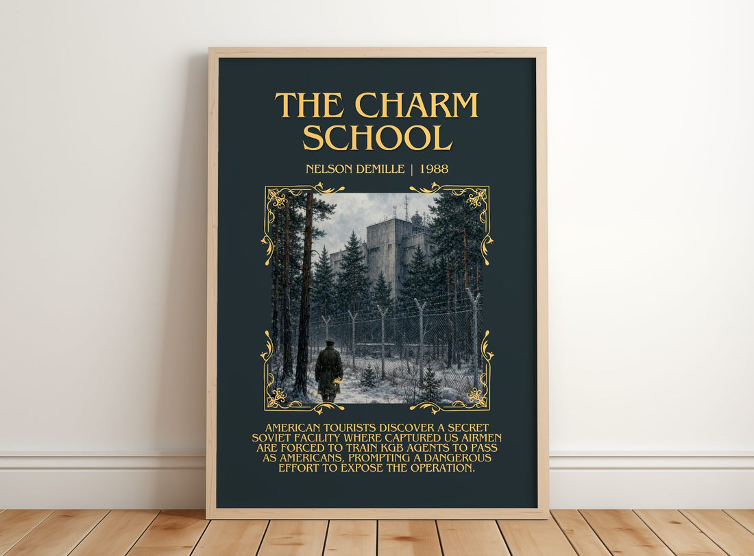 The Charm School Minimalist Book Poster by Nelson DeMille – framed print leaning on a wooden floor
