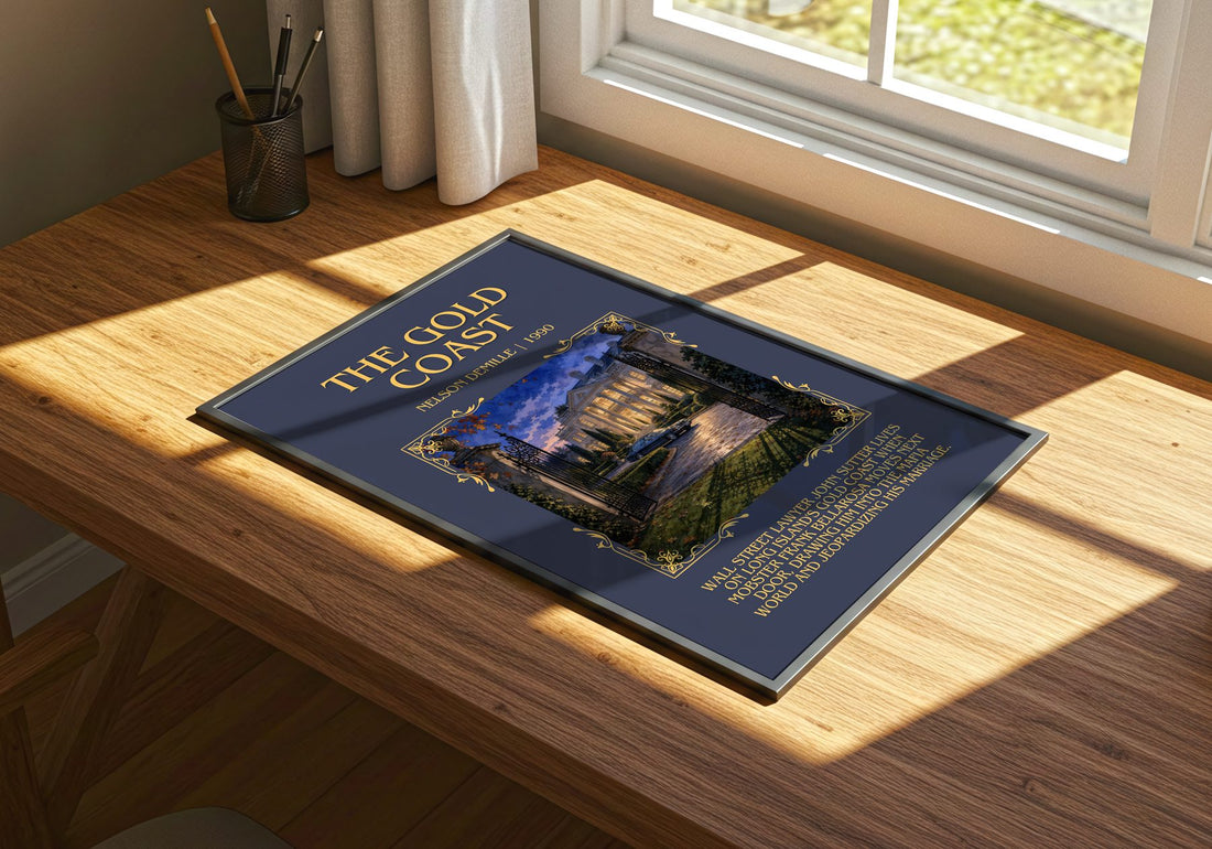 The Gold Coast Minimalist Book Poster by Nelson DeMille – print on a sunlit desk
