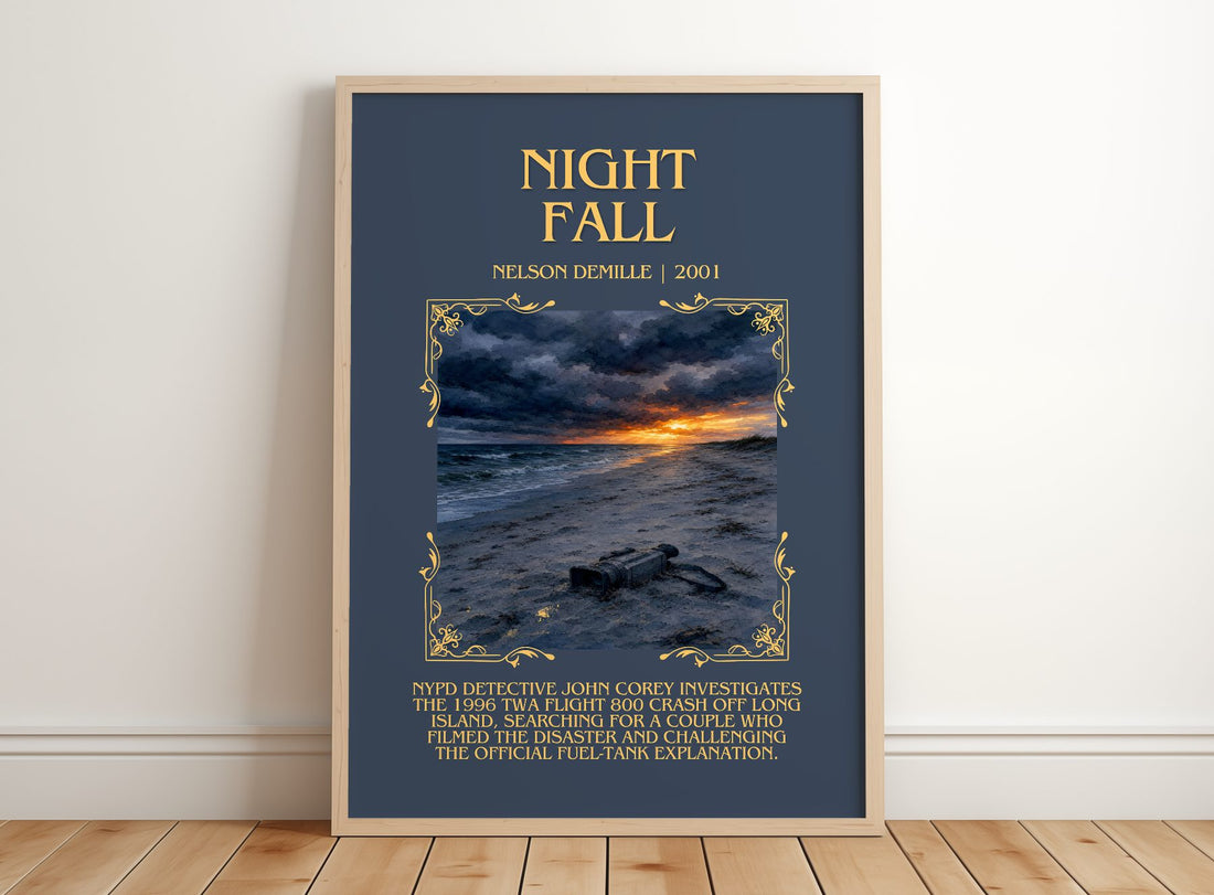 Night Fall Minimalist Book Poster by Nelson DeMille – framed print leaning on a wooden floor