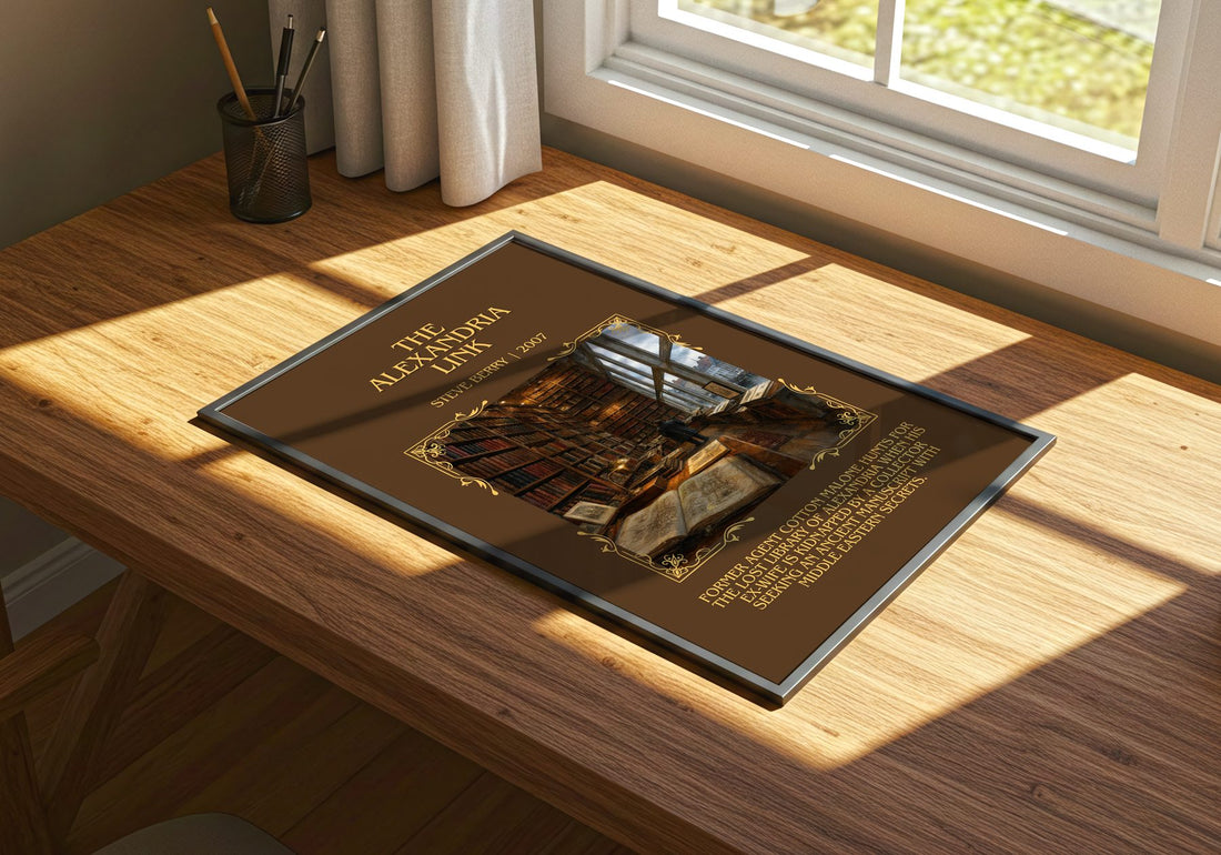 The Alexandria Link Minimalist Book Poster by Steve Berry – print on a sunlit desk