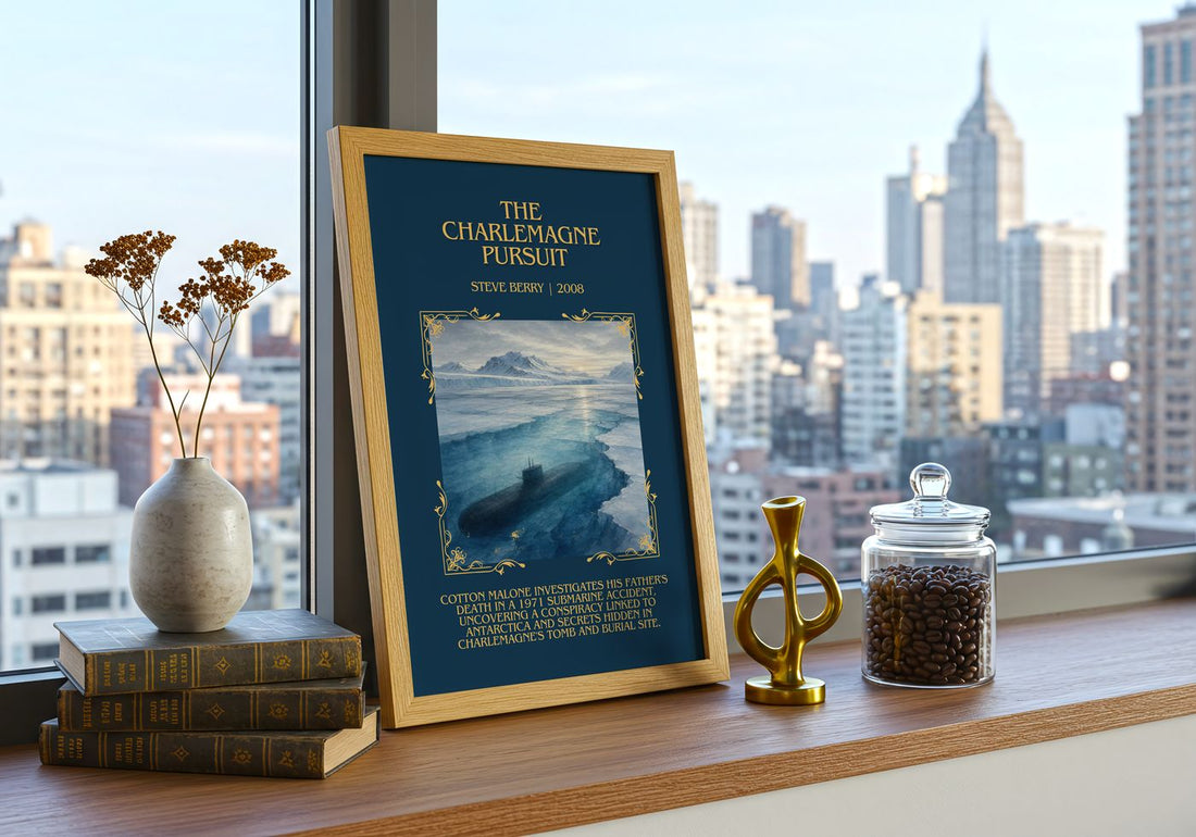 The Charlemagne Pursuit Minimalist Book Poster by Steve Berry – framed print on a city-view windowsill