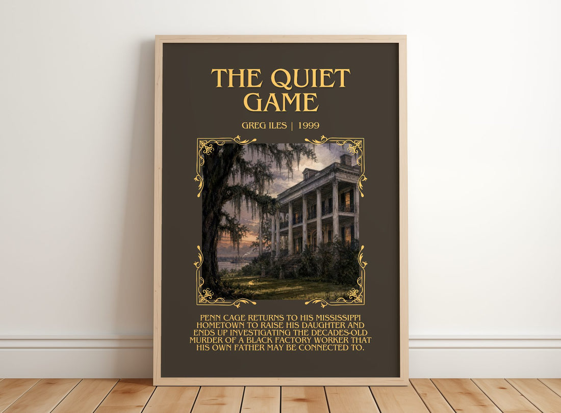 The Quiet Game Minimalist Book Poster by Greg Iles – framed print leaning on a wooden floor