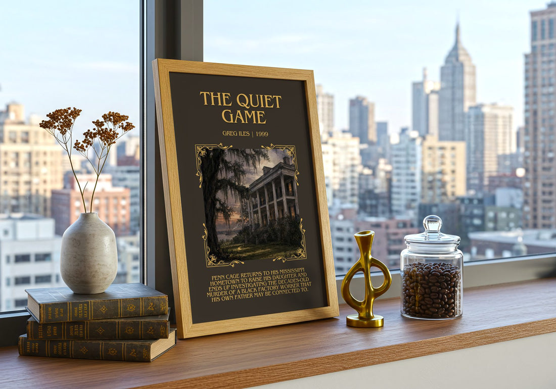 The Quiet Game Minimalist Book Poster by Greg Iles – framed print on a city-view windowsill