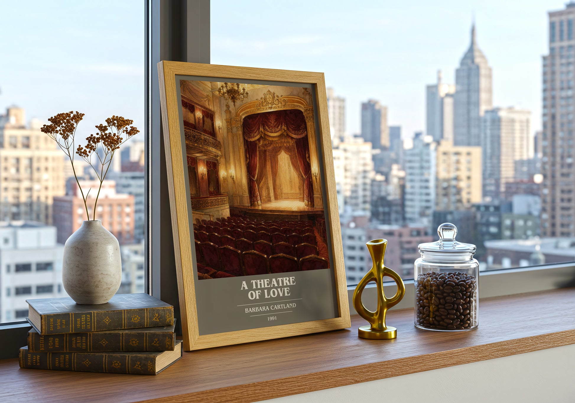 A Theatre Of Love book cover print framed by window – literary home decor