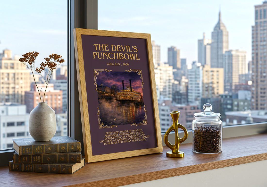 The Devil's Punchbowl Minimalist Book Poster by Greg Iles – framed print on a city-view windowsill