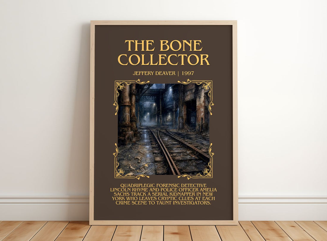 The Bone Collector Minimalist Book Poster by Jeffery Deaver – framed print leaning on a wooden floor