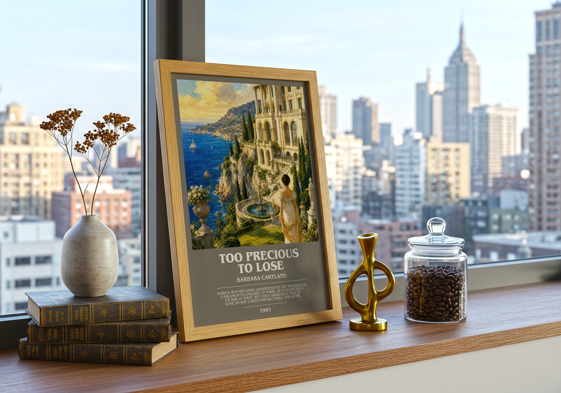 Too Precious To Lose bookish print framed by window – literary home decor