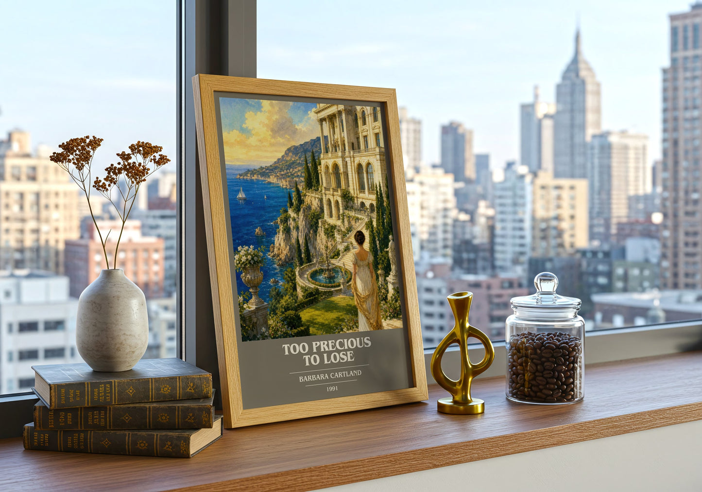 Too Precious To Lose book cover print framed by window – literary home decor