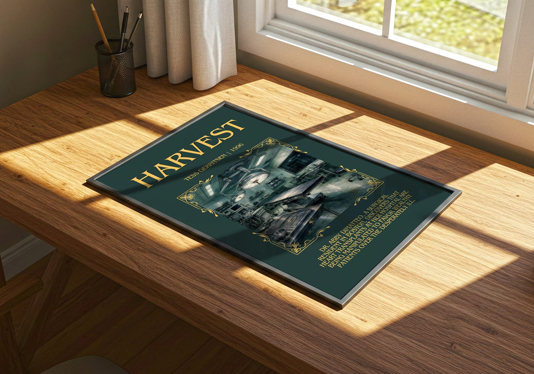 Harvest Minimalist Book Poster by Tess Gerritsen – print on a sunlit desk