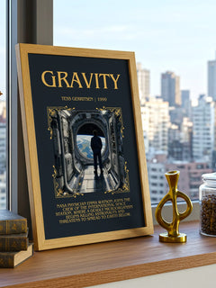 Gravity Minimalist Book Poster by Tess Gerritsen – framed print on a city-view windowsill
