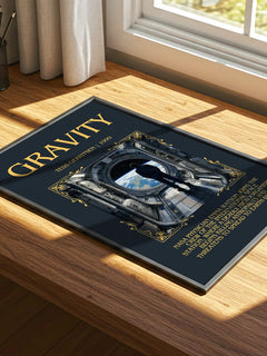 Gravity Minimalist Book Poster by Tess Gerritsen – print on a sunlit desk