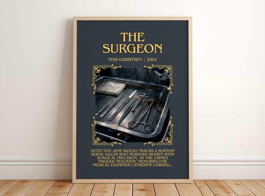 The Surgeon Minimalist Book Poster by Tess Gerritsen – framed print leaning on a wooden floor