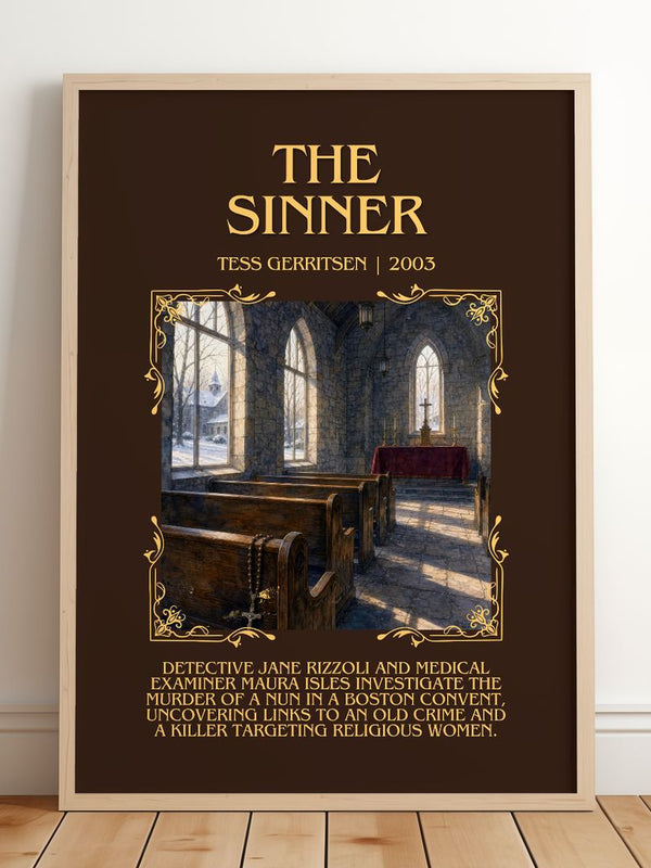 The Sinner Minimalist Book Poster by Tess Gerritsen – framed print leaning on a wooden floor