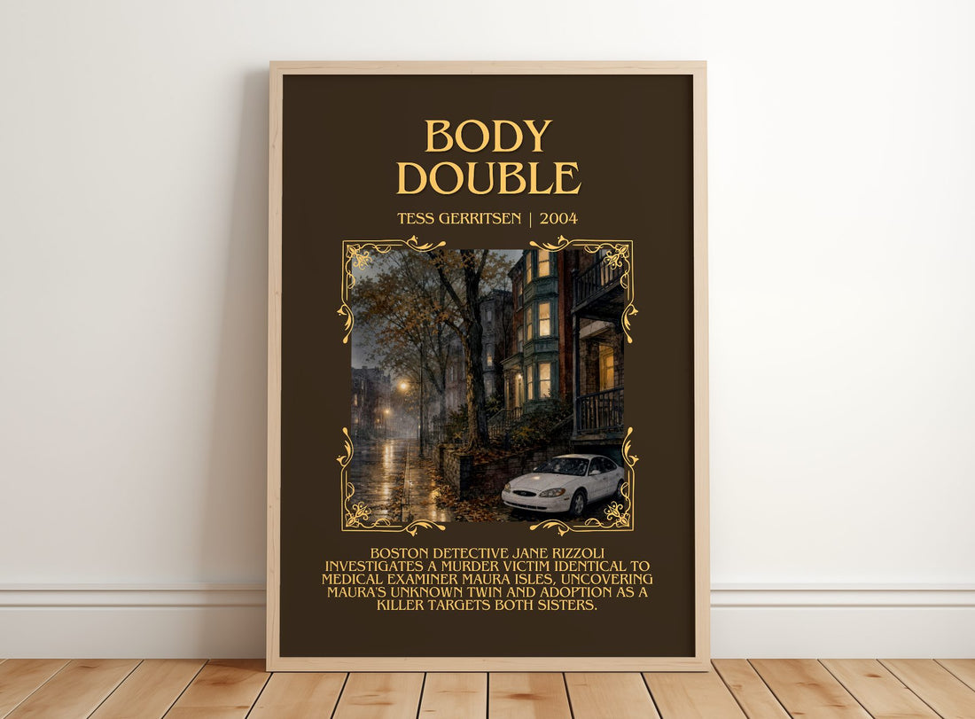 Body Double Minimalist Book Poster by Tess Gerritsen – framed print leaning on a wooden floor