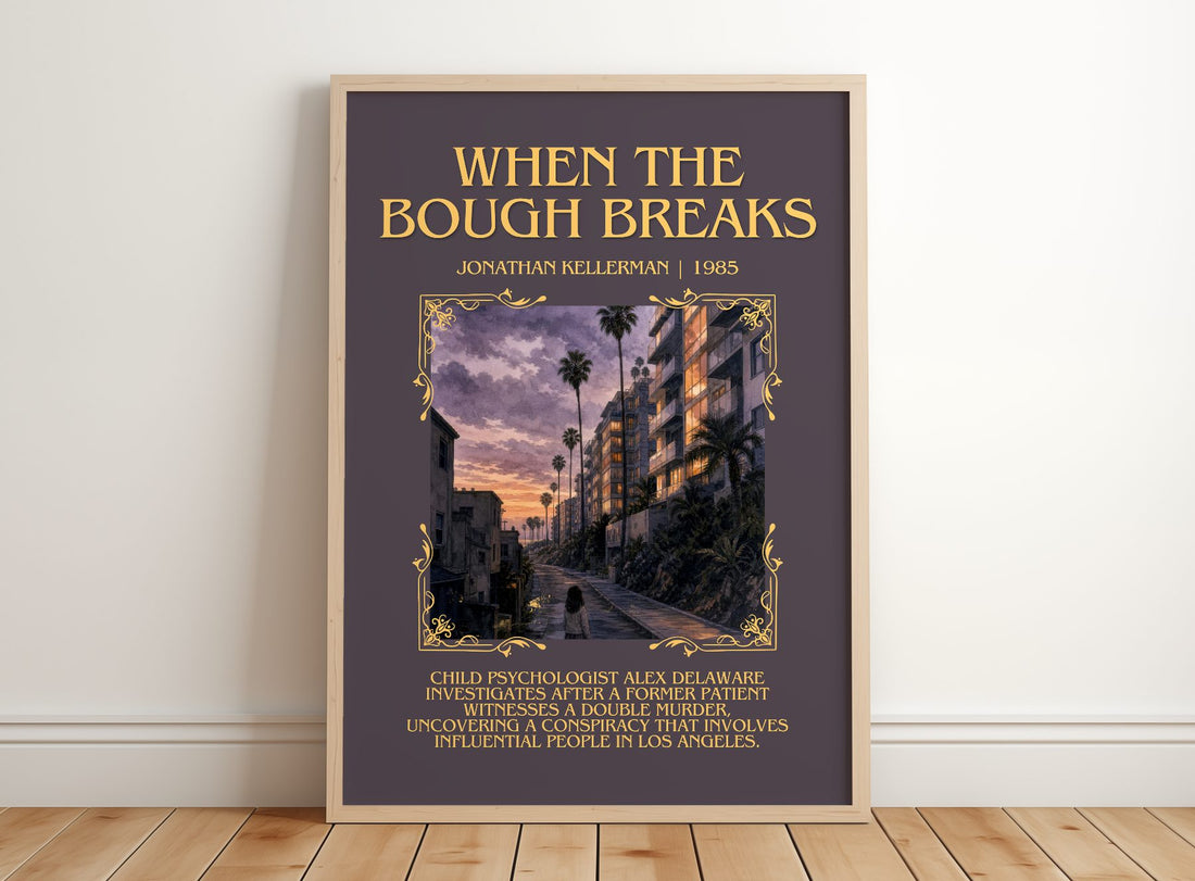 When the Bough Breaks Minimalist Book Poster by Jonathan Kellerman – framed print leaning on a wooden floor
