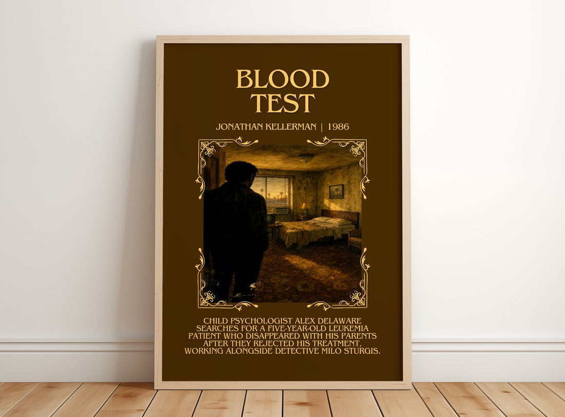 Blood Test Minimalist Book Poster by Jonathan Kellerman – framed print leaning on a wooden floor