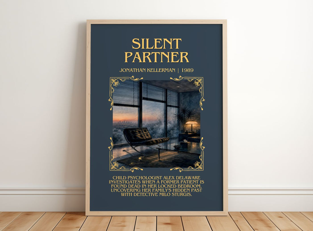 Silent Partner Minimalist Book Poster by Jonathan Kellerman – framed print leaning on a wooden floor