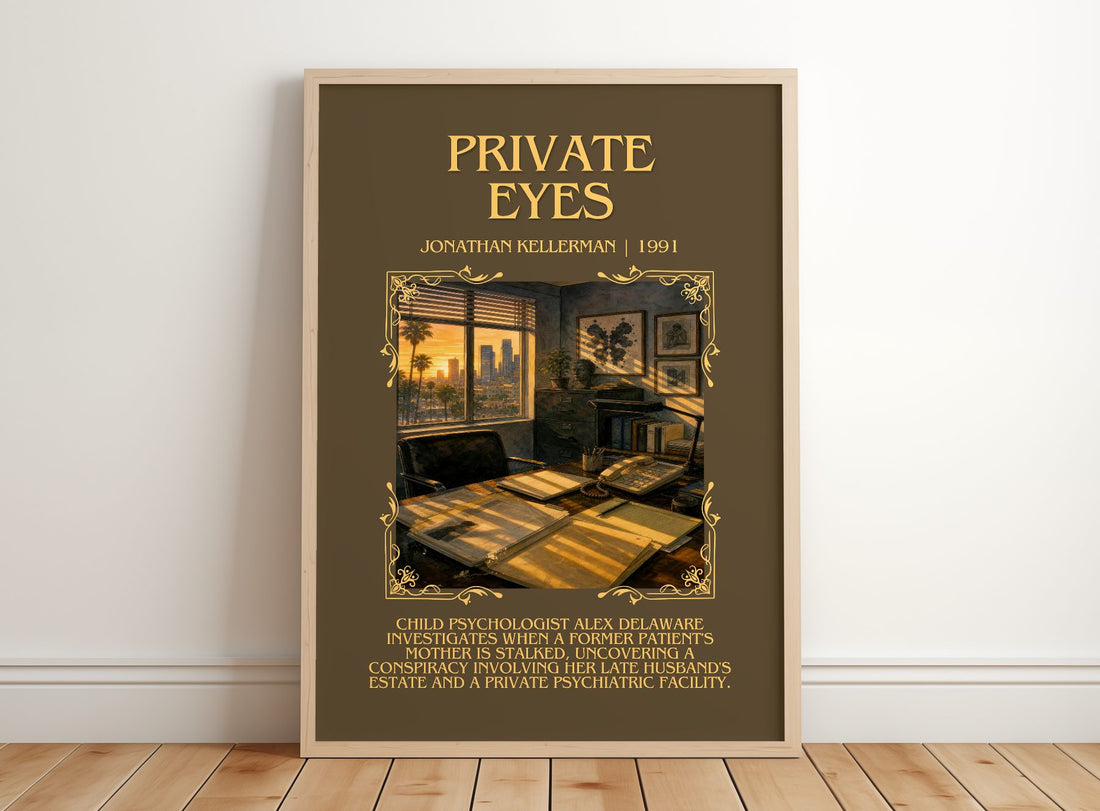Private Eyes Minimalist Book Poster by Jonathan Kellerman – framed print leaning on a wooden floor