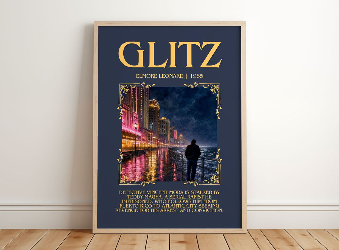 Glitz Minimalist Book Poster by Elmore Leonard – framed print leaning on a wooden floor